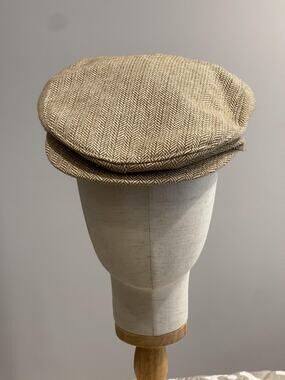Vintage D & Y Hat Cap Flat Mens One Size Beige Herringbone Wool Nylon Lined